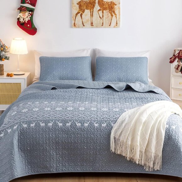 New 3 PC Blue Snowflake & Deer Quilt Set • QUEEN Size - Picture 2 of 8